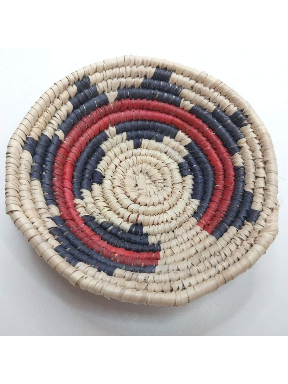 Handwoven Small Woven Coiled Basket Bowl Natural Fiber Red Blue